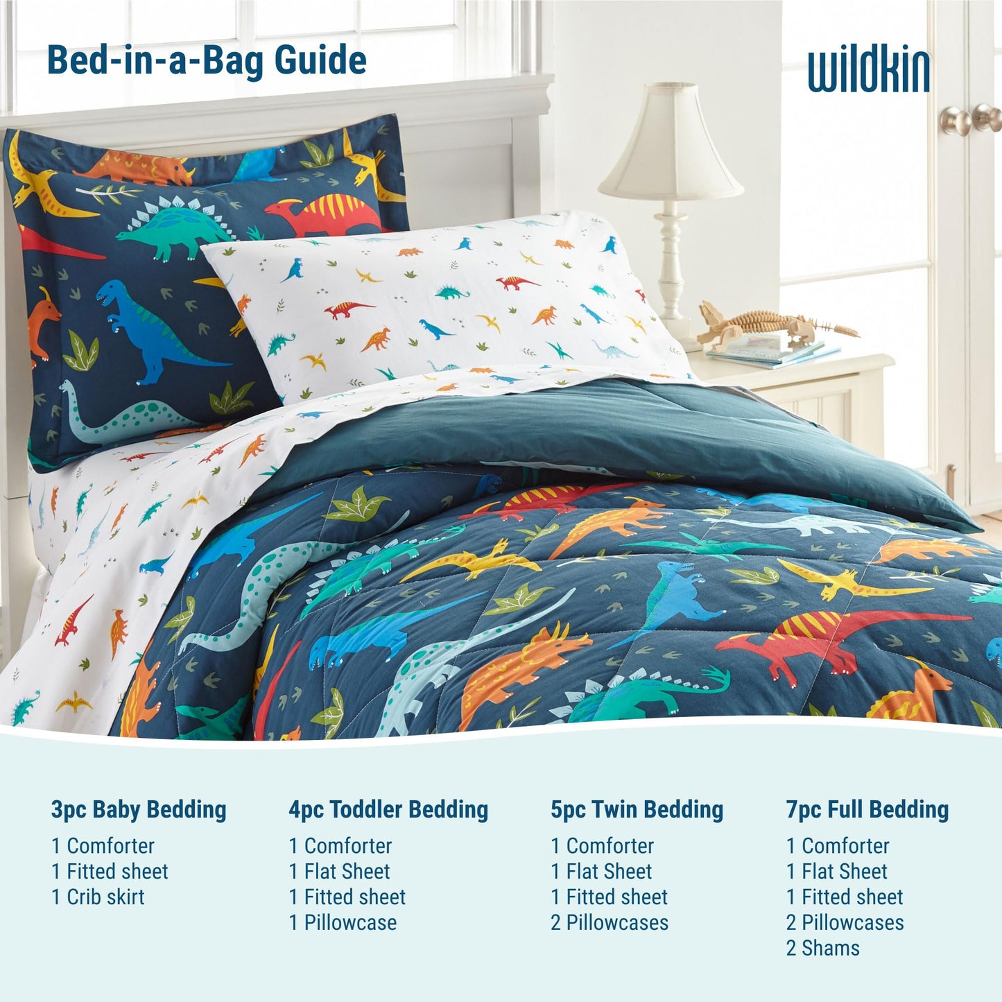 Wildkin 4-Piece Toddler Bed In A Bag - Cotton Comforter, Sheets & Pillowcase For Cozy Cuddles - Jurassic Dinosaurs