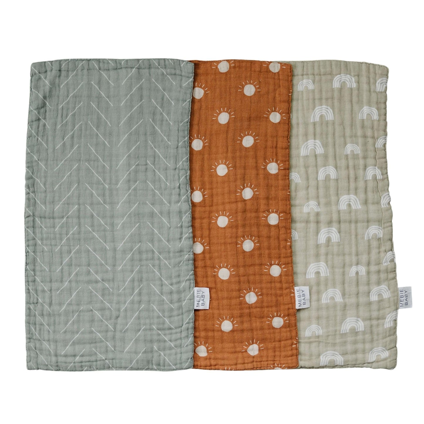 Mebie Baby Burp Cloths, Neutral Print 3-Pack, Muslin Burp Cloth Set for Spit Up, Drool, and More, Boho Burp Cloths for Baby Boy 