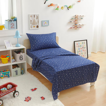 Amazon Basics Kid'S Soft Easy-Wash Lightweight Microfiber 3-Piece Sheet Set, Toddler, Navy Galaxy