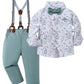 Disaur Toddler Boy Wedding Outfits Short Sleeve White Flower Dress Shirt Bow Tie Suspender Green Pants Baptism Outfits For Boys
