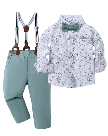 Disaur Toddler Boy Wedding Outfits Short Sleeve White Flower Dress Shirt Bow Tie Suspender Green Pants Baptism Outfits For Boys