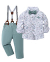 Disaur Toddler Boy Wedding Guest Outfit Short Sleeve White Flower Dress Shirt Bow Tie Suspender Green Pants Baby Formal Outfit B