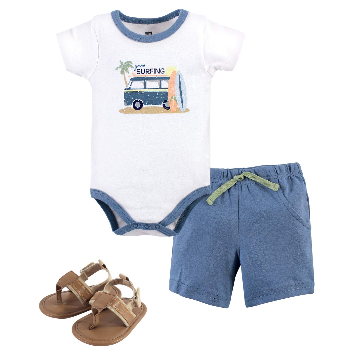 Hudson Baby Baby Boys Cotton Bodysuit, Shorts And Shoe --Layette Set, Gone Surfing, 0-3 Months Us