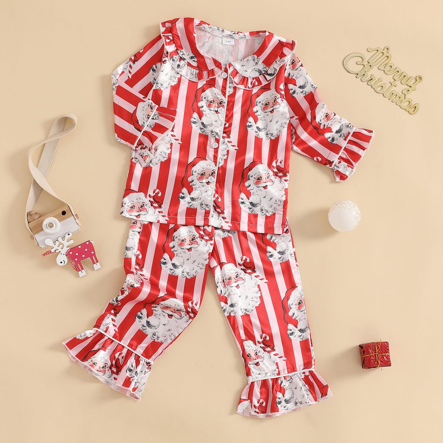 Afunbaby Toddler Baby Girl Boy Silk Satin Pajamas Set Button Down Pjs Kids Long Sleeve Shirt Pants Christmas Pjs Sleepwear (Stri