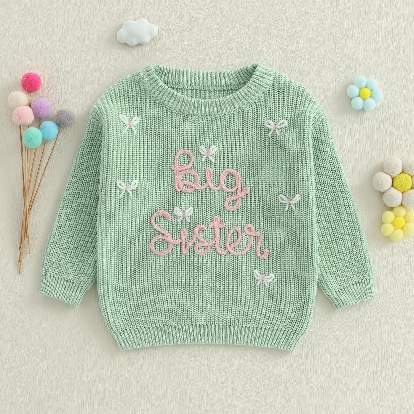 Amnnchya Toddler Infant Baby Girl Knit Sweater Big Sister Little Sister Matching Outfits Long Sleeve Pullover Sweatshirt (Green