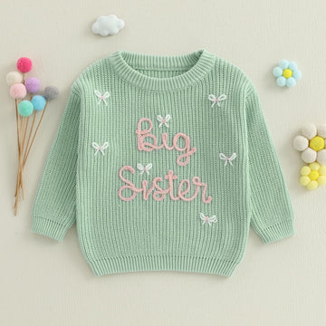 Amnnchya Toddler Infant Baby Girl Knit Sweater Big Sister Little Sister Matching Outfits Long Sleeve Pullover Sweatshirt (Green