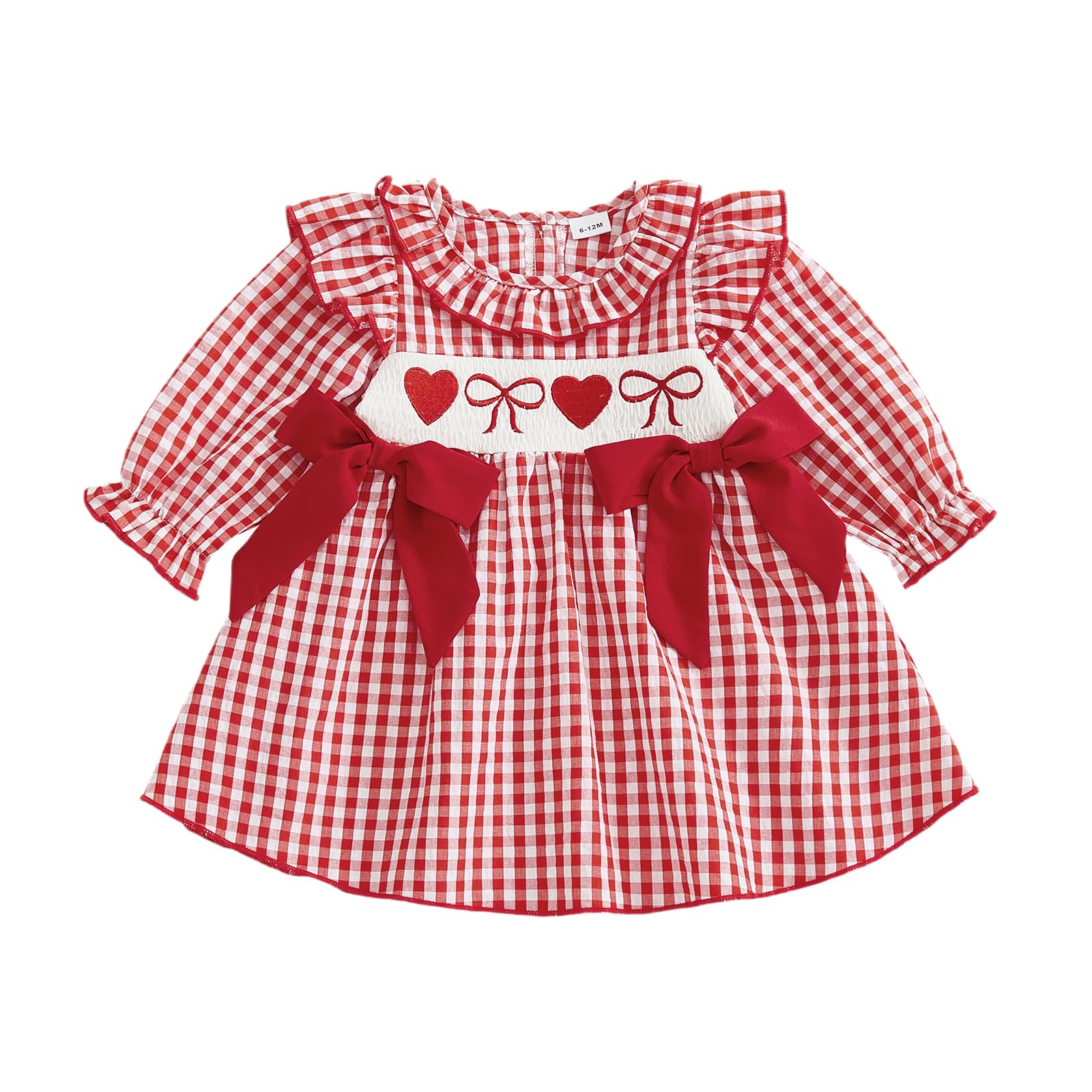 Toddler Baby Girl Valentines Outfit Red Heart Peter Pan Collar Smocked Long Sleeve Dress Infant Party Dresses (Red Gingham, 12-1