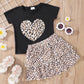 Akyzic Girls Summer Outfit Two Piece Clothing Set Heart Print Shirt Cheetah Print Layered Back To School Skirt Sets 6 Years