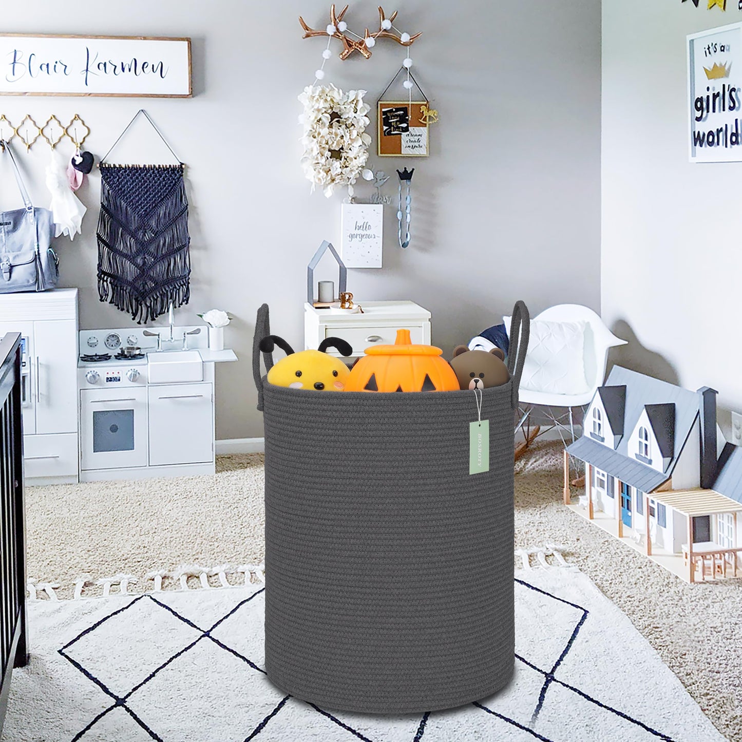 Bosroty Large Cotton Rope Laundry Hamper 65L, Baby Nursery Hamper With Handles, Woven Storage Basket For Living Room Bedroom, Ta