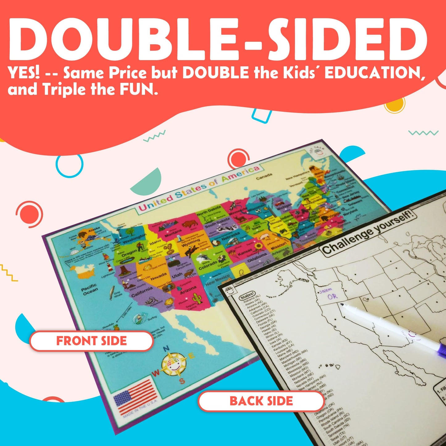 Tot Talk North America Map Kids Placemat Educational Placemat Reusable Washable Double-Sided Learning Made In Usa