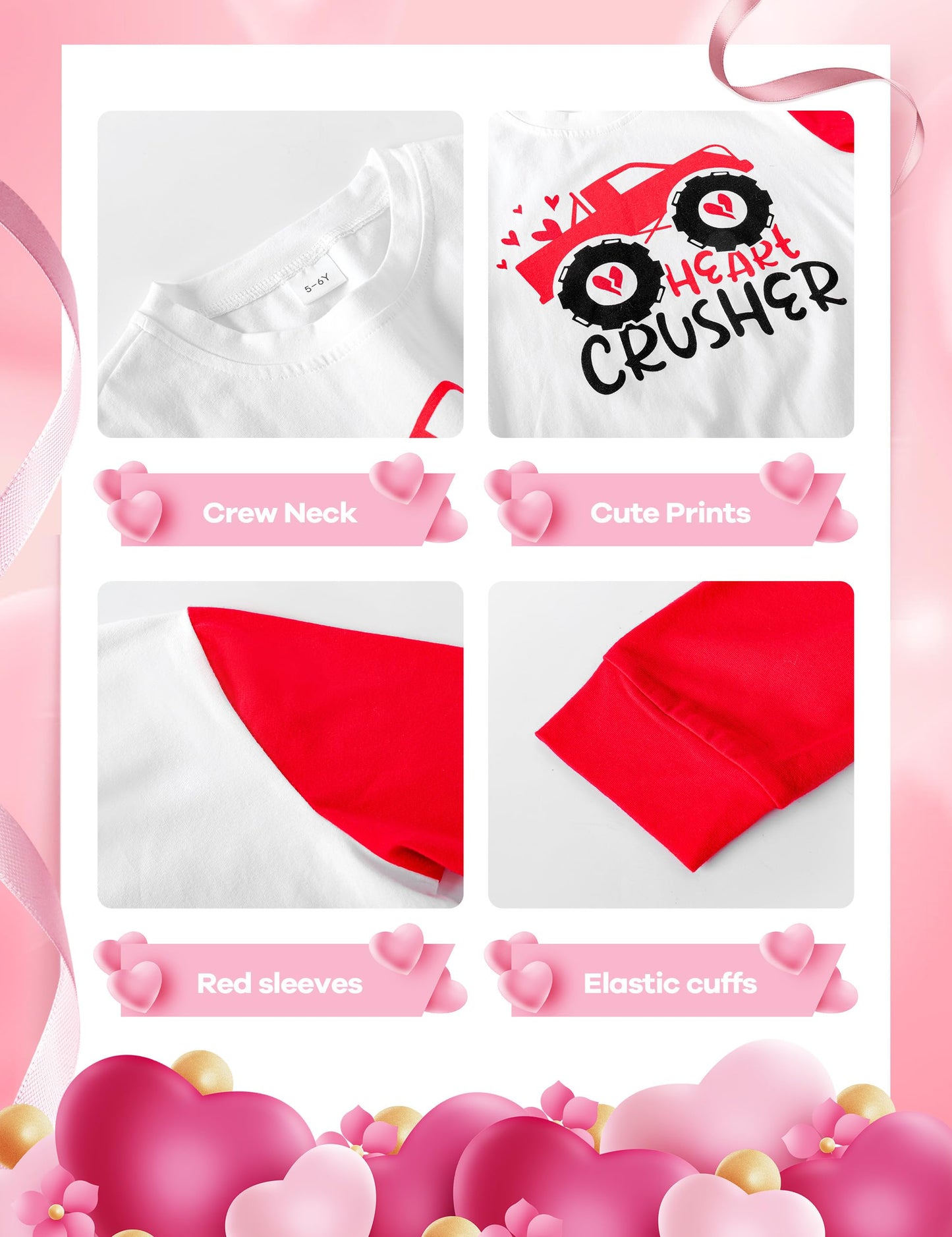 Dakeik Toddler Boy Valentines Day Outfit 3T-4T Boys Valentines Day Outfit All Terrain Vehicle Heart Crusher Print Long Sleeve To