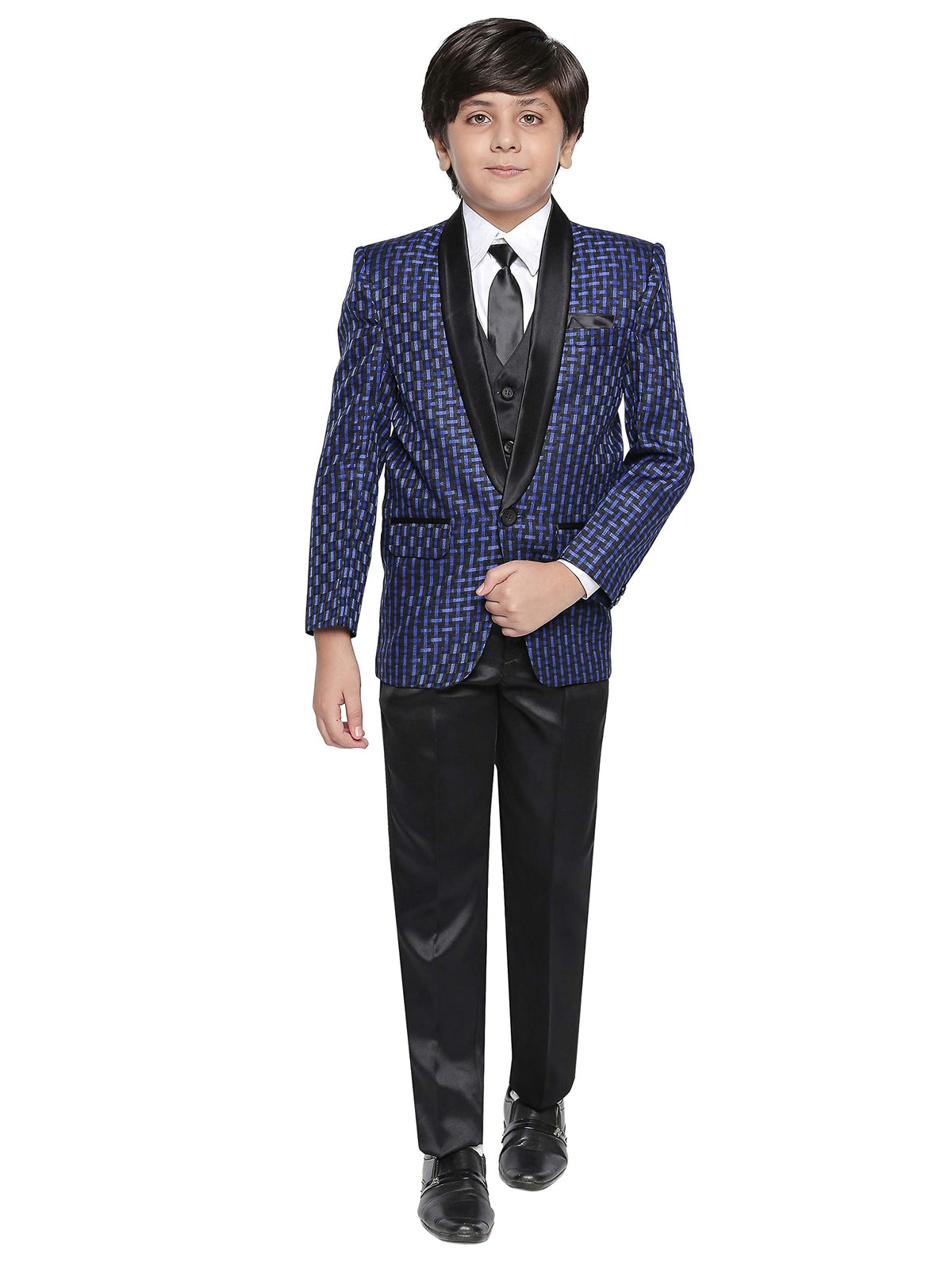 Jeetethnics Boys Navy Blue Checked Coat Suit Set With Waistcoat Shirt And Trousers (9062Bq)