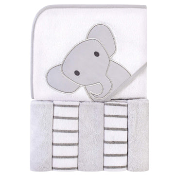 Hudson Baby Unisex Baby Hooded Towel And Five Washcloths, Modern Elephant, One Size