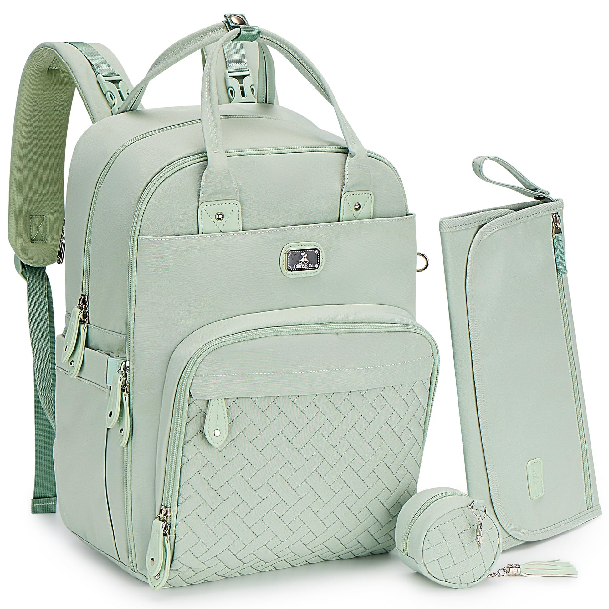 Dikaslon Diaper Bag Backpack With Changing Pad, Pacifier Case And Stroller Straps, Large Unisex Baby Bags For Boys Girls (Mint G