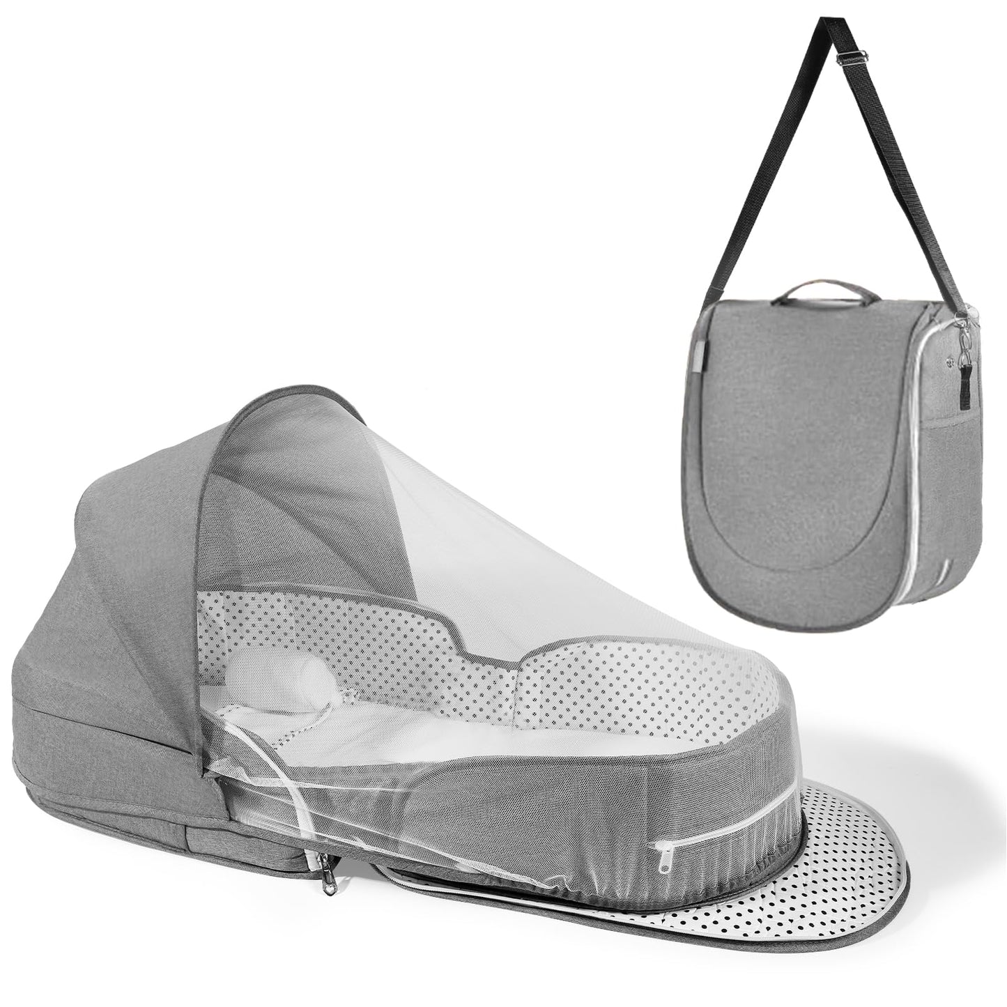 Dr. Pure Portable Baby Bassinet for Travel: Lightweight Foldable Infants Bed Crib for 0-12 Months Newborn with 2-1 Mosquito Nett