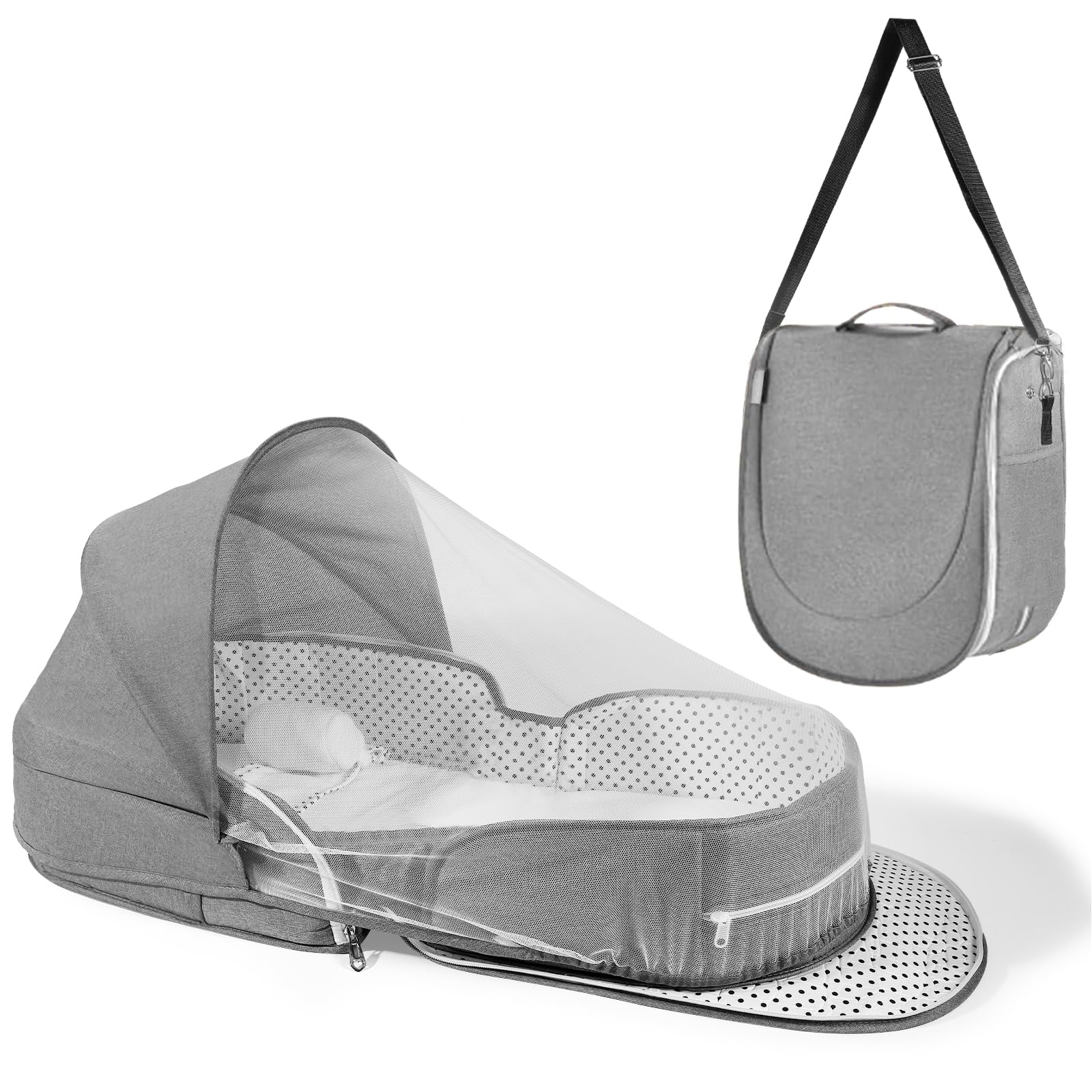 Dr. Pure Portable Baby Bassinet for Travel: Lightweight Foldable Infants Bed Crib for 0-12 Months Newborn with 2-1 Mosquito Nett
