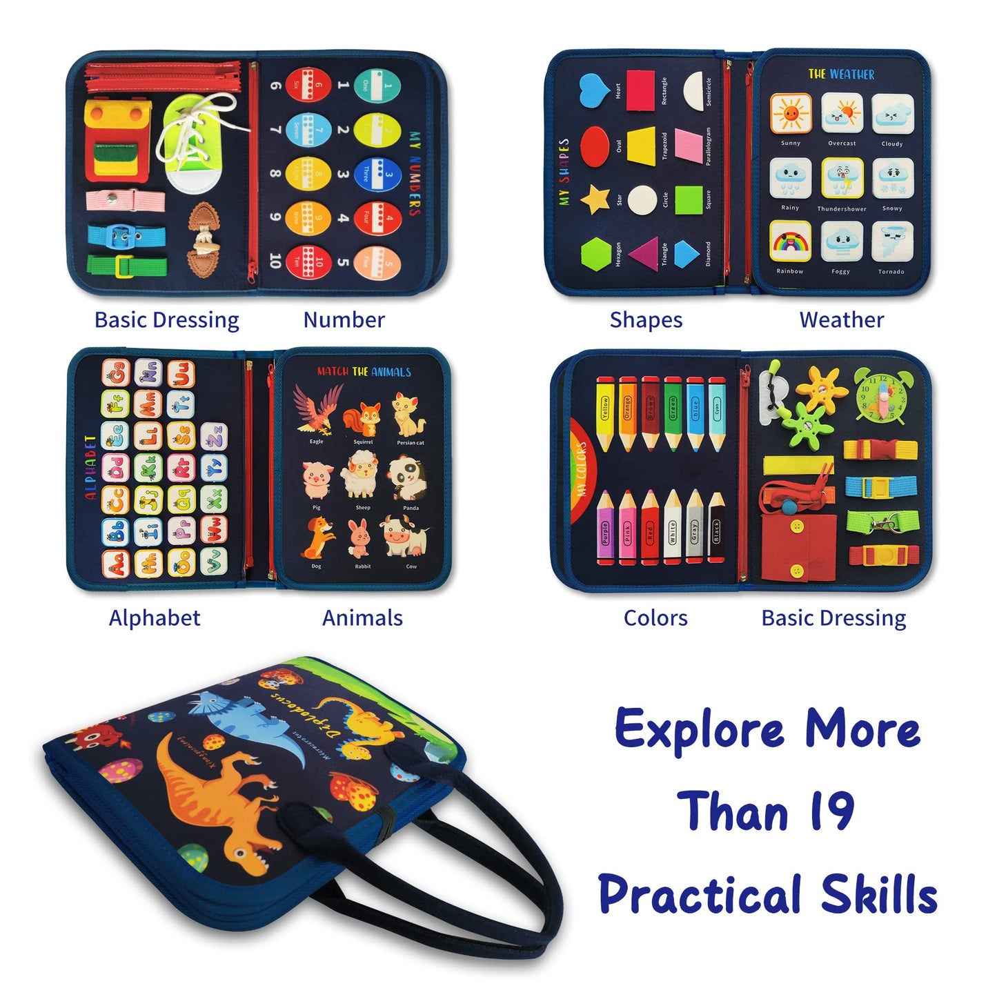 LearnToy Busy Board - Dinosaur Montessori Toys for 3 4 5 Year Old - Sensory Toys for Autistic Children - Toddler Travel Toys - B