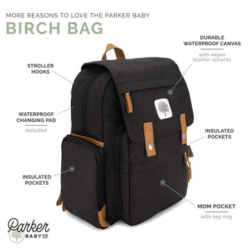 Parker Baby Diaper Backpack - Large Diaper Bag With Insulated Pockets, Stroller Straps And Changing Pad -'Birch Bag' - Black