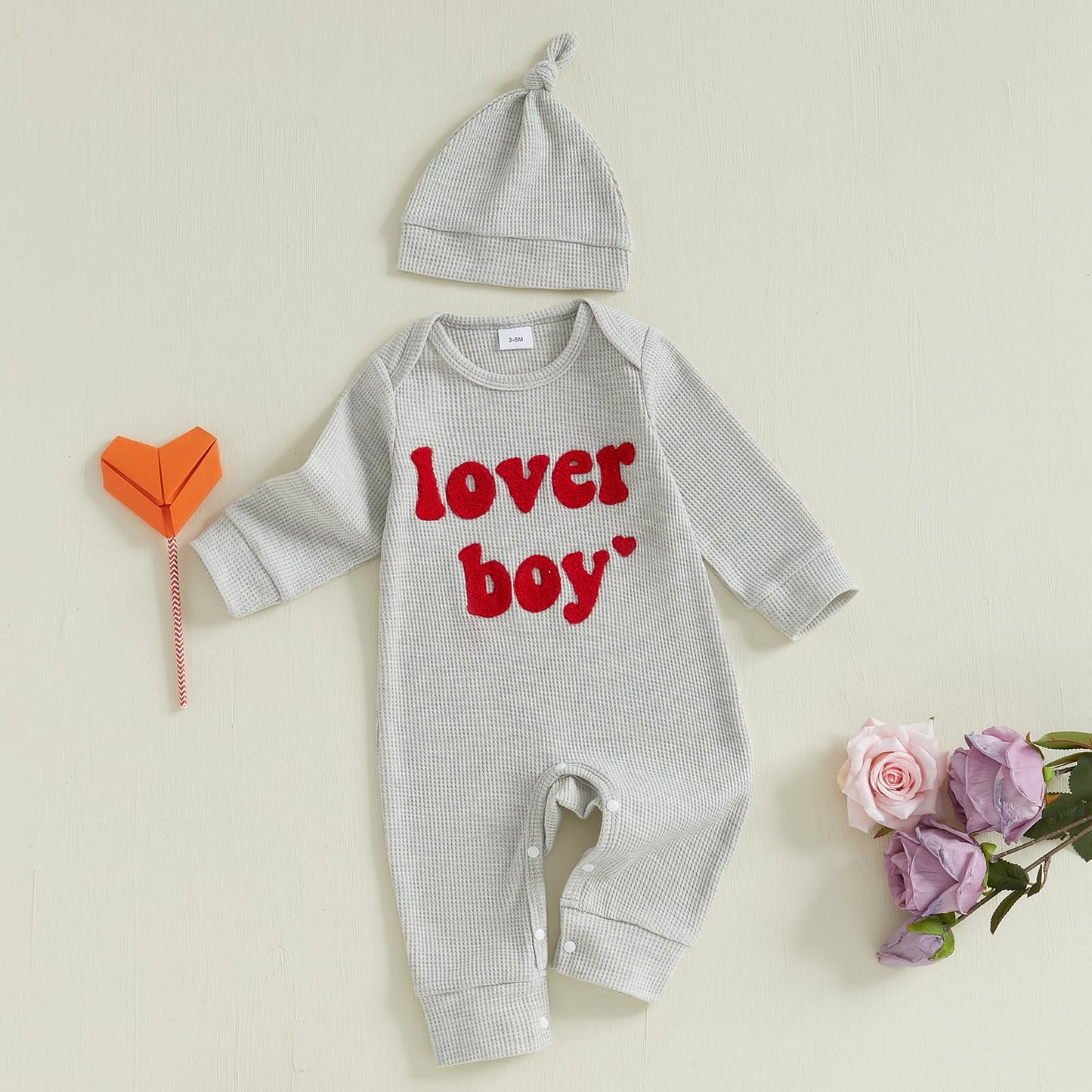 Ktwharnu Newborn Baby Boy Valentines Day Outfit Letter Embroidery Waffle Knit Romper Jumpsuit Long Sleeve Knit Bodysuit Hat (B-G