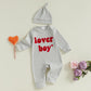 Lesimsam Newborn Infant Baby Boy Valentines Day Outfit Letter Embroidery Long Sleeve Waffle Knit Romper Jumpsuit With Hat(Gray,