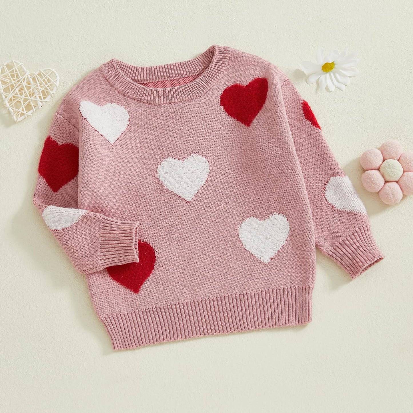 Nokpsedcb Baby Girl Cute Long Sleeve Heart Flowers Embroidery Oversized Sweater Toddler Valentine Outfit (Pink Heart, 18-24 Mont