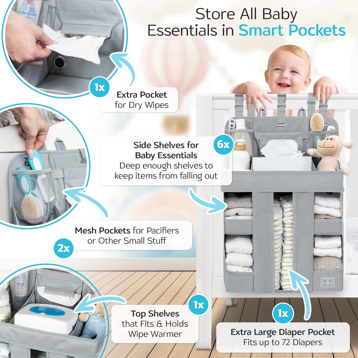 Xl Hanging Diaper Caddy Organizer - Reinforced Diaper Stacker For Crib That Keeps Shape For Changing Table, Playard, Wall & Door