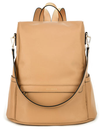 Mia + Sophia Leather Diaper Bag Backpack With Changing Pad, Stroller Straps, Bottle Holder (Brown Mia)