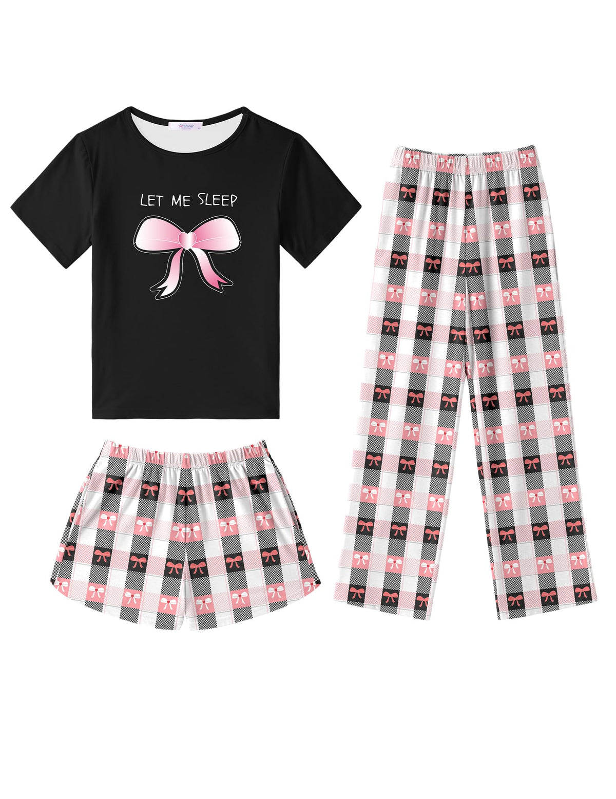 Arshiner Girls Pajama Set 3 Piece Short Sleeve Sleepwear Summer Soft Cute Pjs Outfits, Bow Plaid, 910 Years