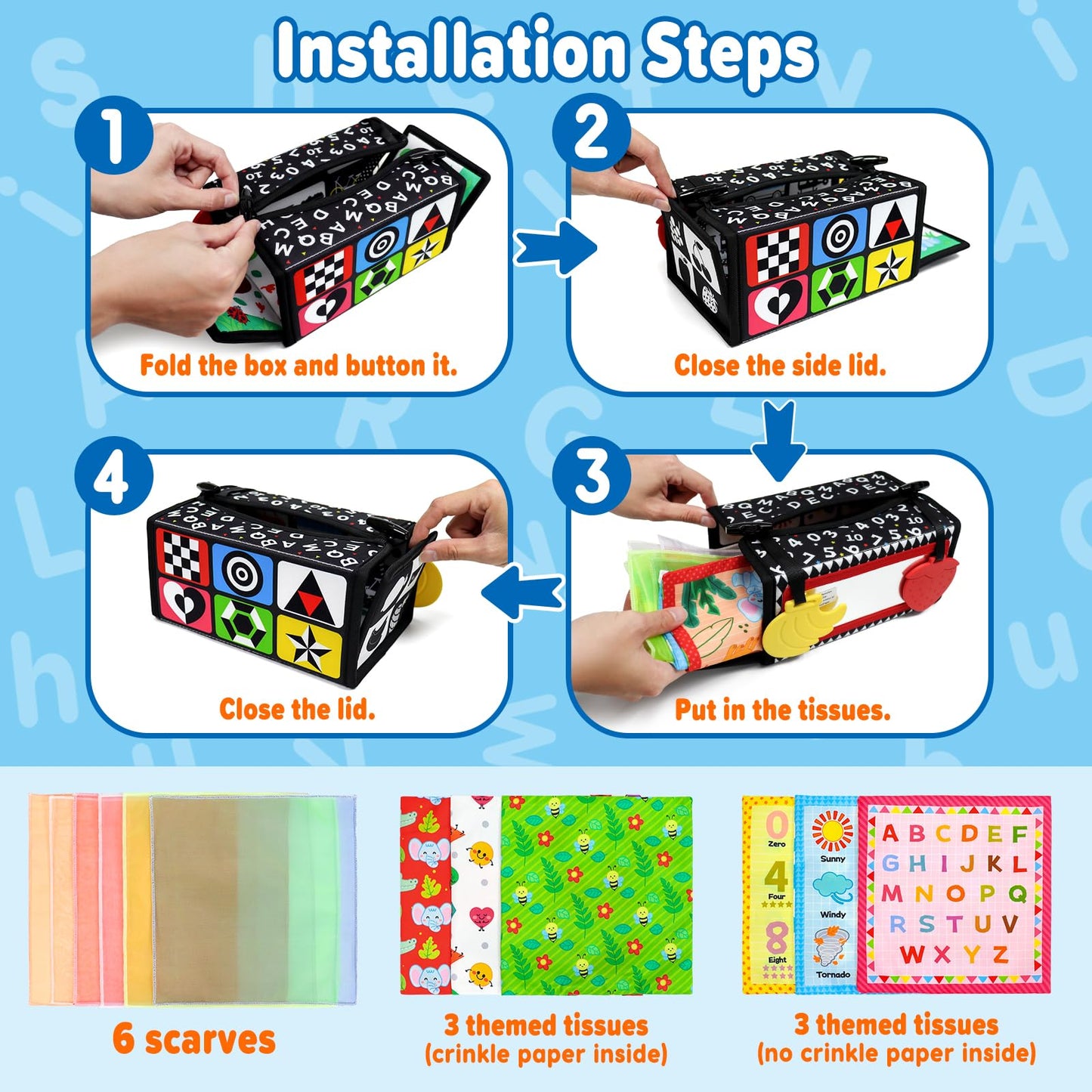 Dr.Rapeti Tummy Time Mirror Toy Tissue Box Toy 3in1 Baby Toy Black and White High Contrast Double-Sided Foldable Sensory Montess