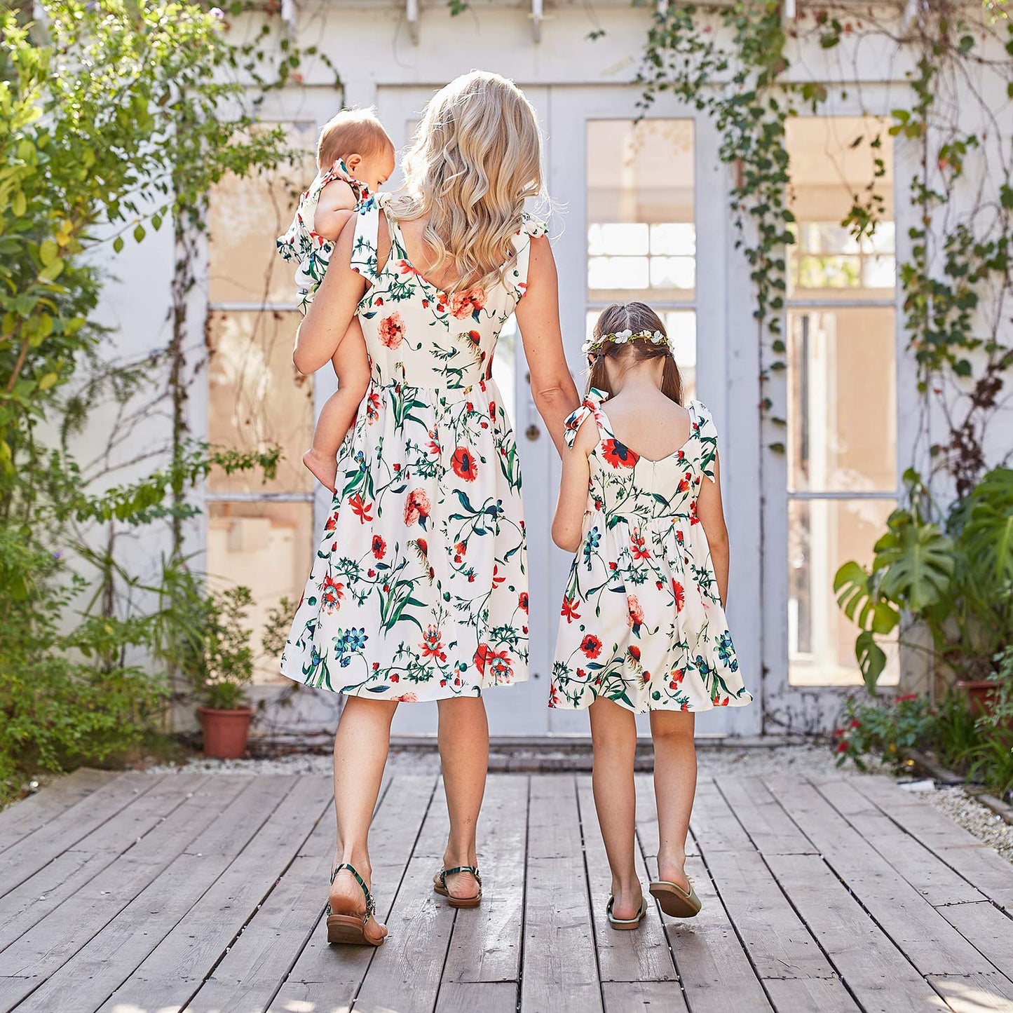 Popreal Mommy And Me Floral Printed Sleeveless Bowknot Chiffon Beach Romper Family Match Dress,White,Baby-3-6Months