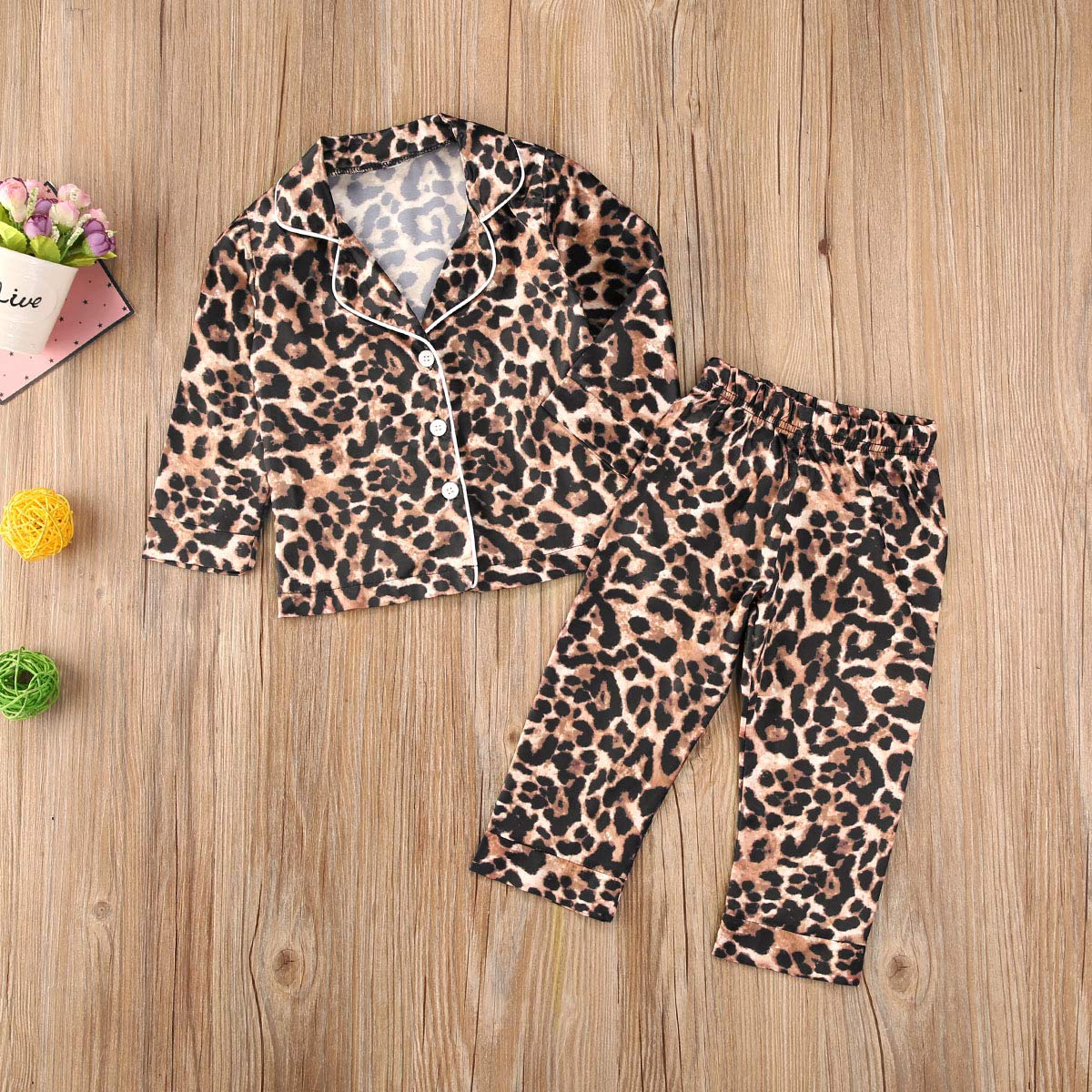 Toddler Baby Kids Satin Pajamas Set, Long Sleeve Button-Down Sleepwear Pjs For Girls (2T, Leopard)