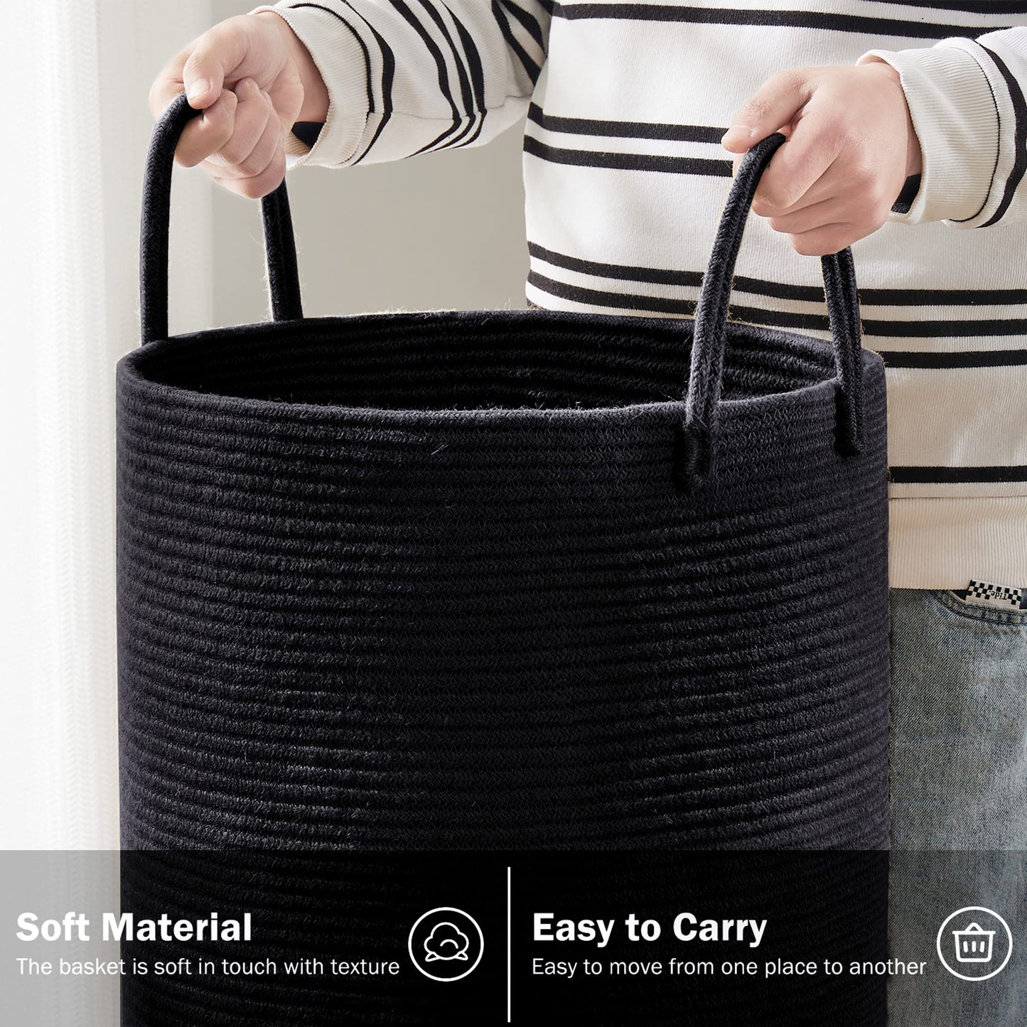 Youdenova Woven Rope Laundry Hamper Basket, 58L Tall Laundry Basket, Baby Nursery Hamper For Blanket Storage In Bedroom-Large- B