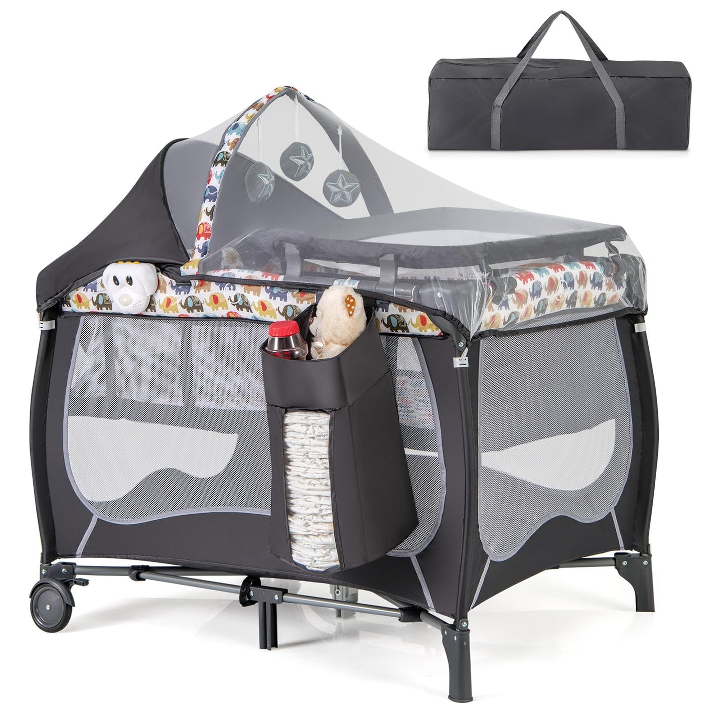 HONEY JOY Pack and Play, 4 in 1 Portable Baby Playard w/Bassinet, Changing Table, Lockable Wheel, Music, Foldable Travel Baby Cr