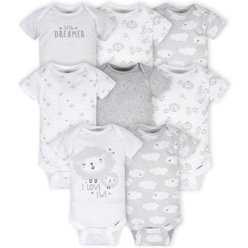 Gerber Baby 8-Pack Short Sleeve Onesies Bodysuits, Sheep Grey, 0-3 Months