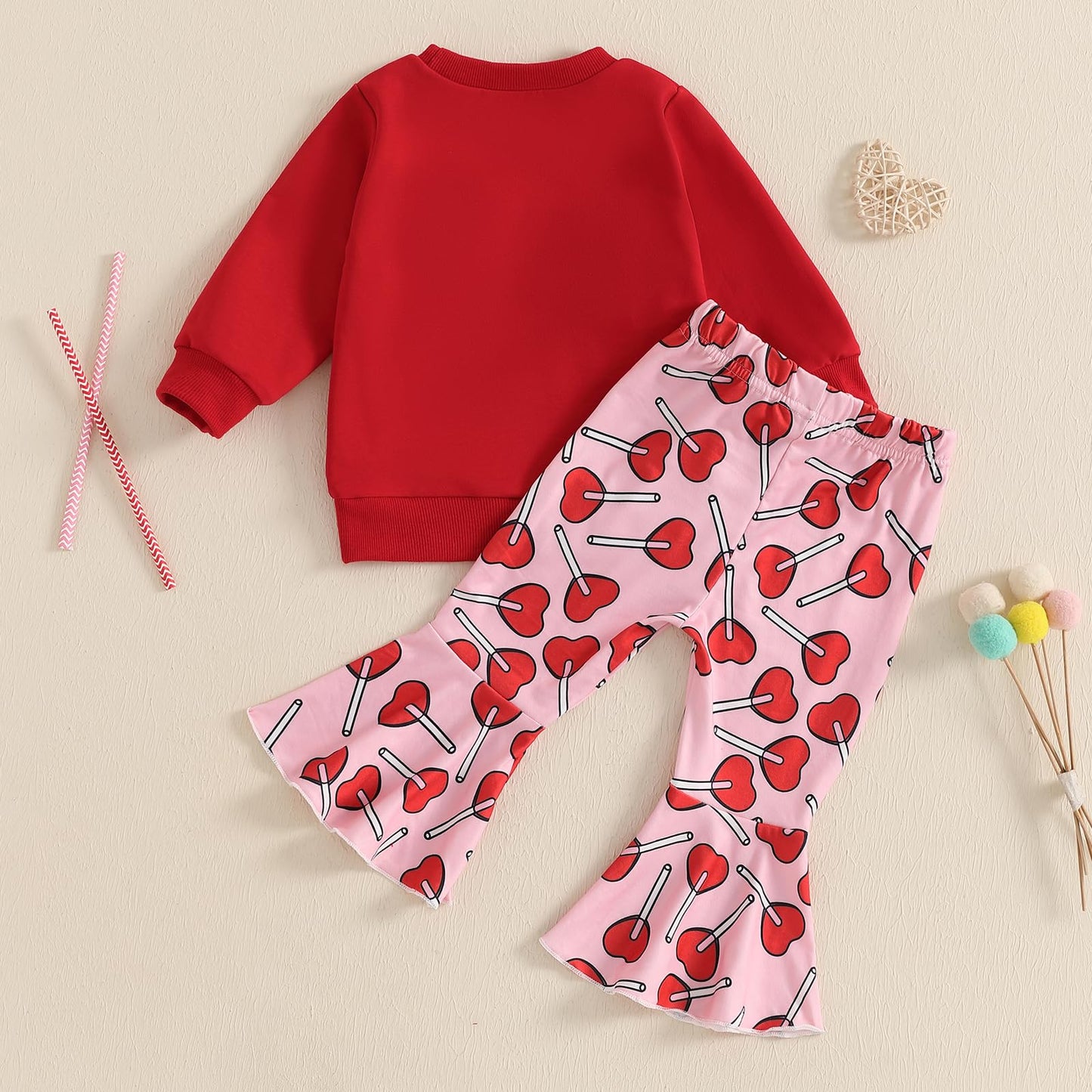 Iddolaka Toddler Baby Girls Valentines Day Outfits Long Sleeve Letter Sweatshirt Shirt Heart Flared Pants Spring Clothes (A-Embr