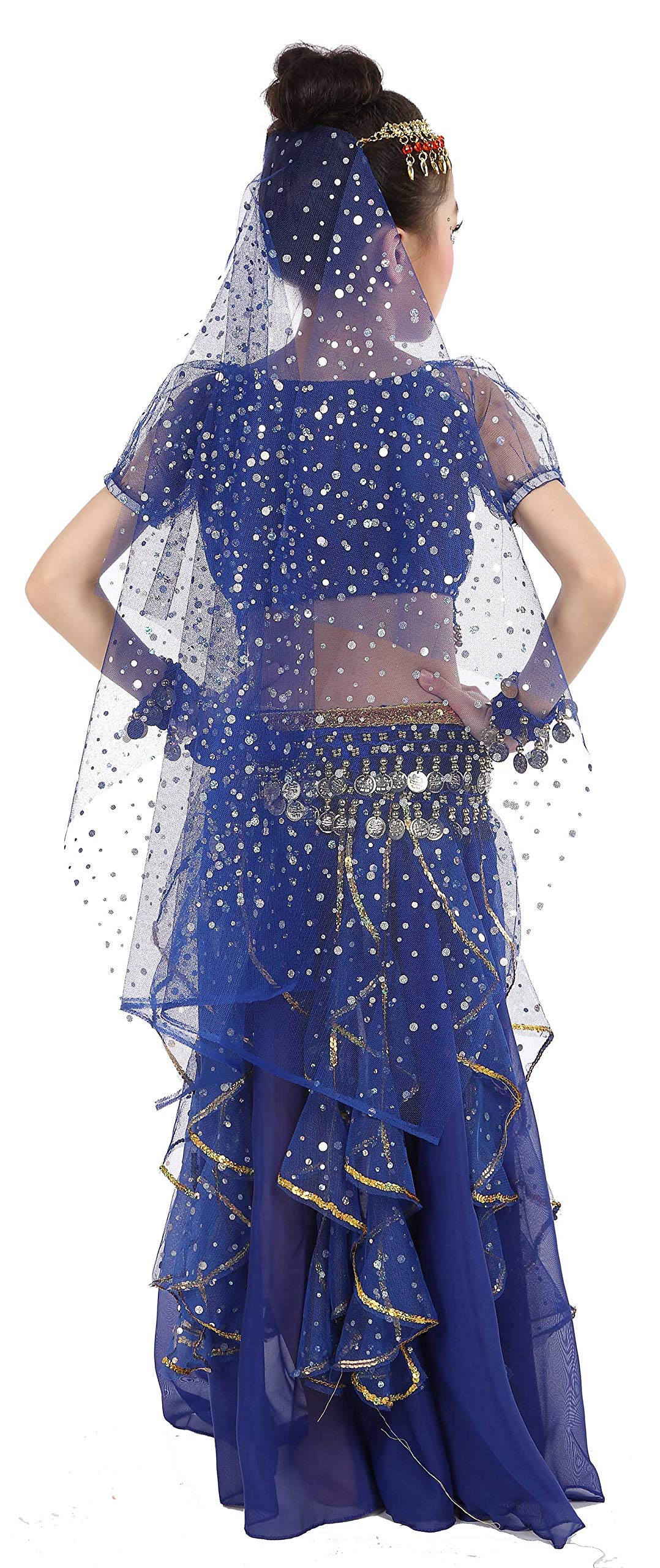 Girls Belly Dance Top Skirt Set Halloween Costume With Head Veil,Waist Chain Dark Blue