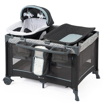5 in 1 Multifunctional Pack and Play,Qutanix Foldable Baby Crib with Bassinets,Changing Table,Newborn Napper with Canopy,Diaper 