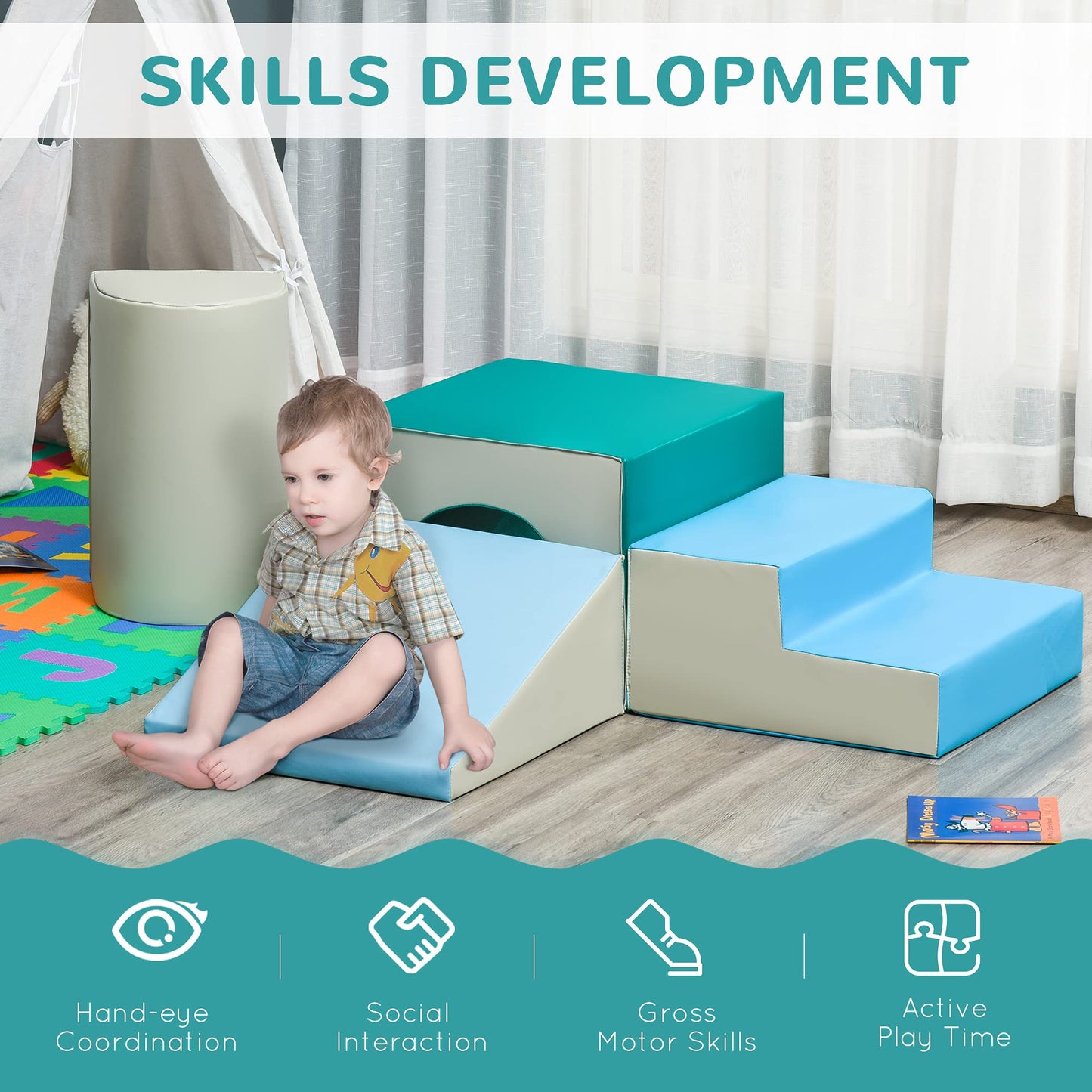 Qaba Climbing Toys For Toddlers And Children, Easy-To-Clean 4 Piece Soft & Safe Kids Foam Play Set For Crawling Or Sliding, Mult