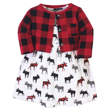 Hudson Baby Girls' Cotton Dress And Cardigan Set, Buffalo Plaid Moose, 5 Toddler