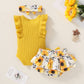 Tiny Cutey Baby Girl Clothes Infant Summer Outfits Set Ruffle Sleeve Romper And Floral Shorts With Headband (Yellow Romper And R
