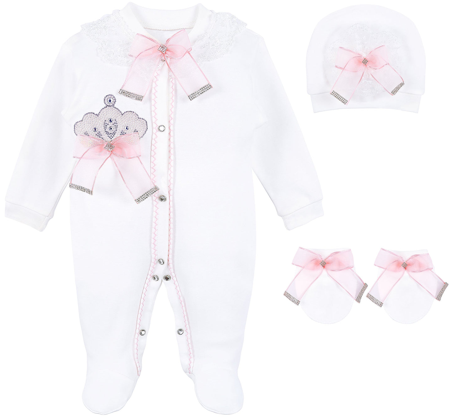 Lilax Baby Girl Jewels Crown Layette 3 Piece Gift Set 0-3 Months Pink