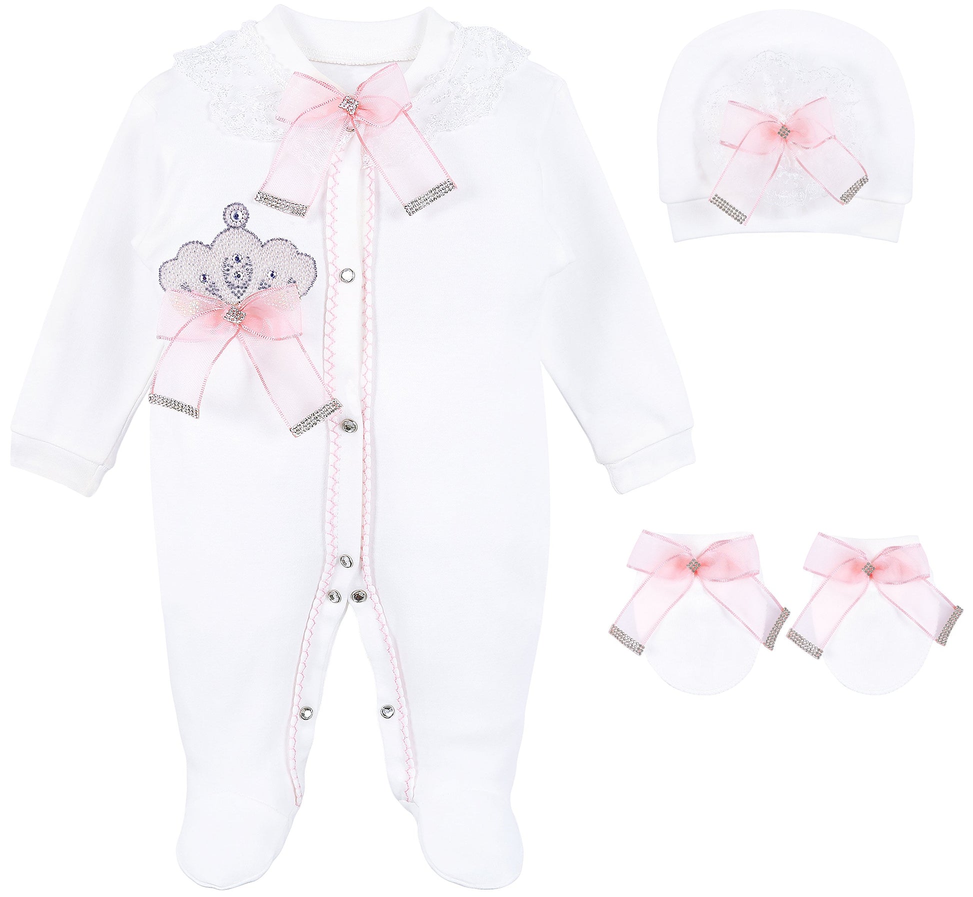 Lilax Baby Girl Jewels Crown Layette 3 Piece Gift Set 0-3 Months Pink