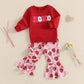 Iddolaka Toddler Baby Girls Valentines Day Outfits Long Sleeve Letter Sweatshirt Shirt Heart Flared Pants Spring Clothes (A-Embr
