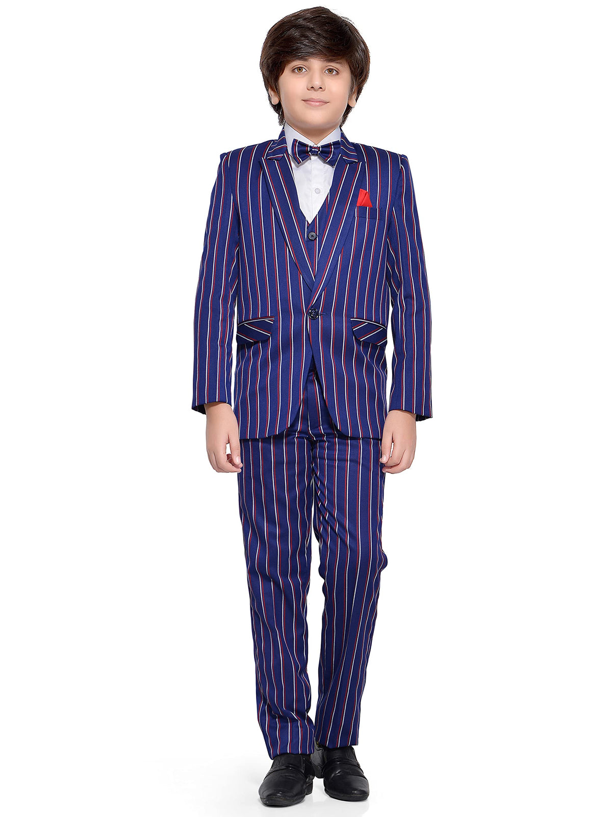 Jeetethnics Boys Navy Blue Striped Coat Suit Set With Waistcoat Shirt And Trousers (9081B)