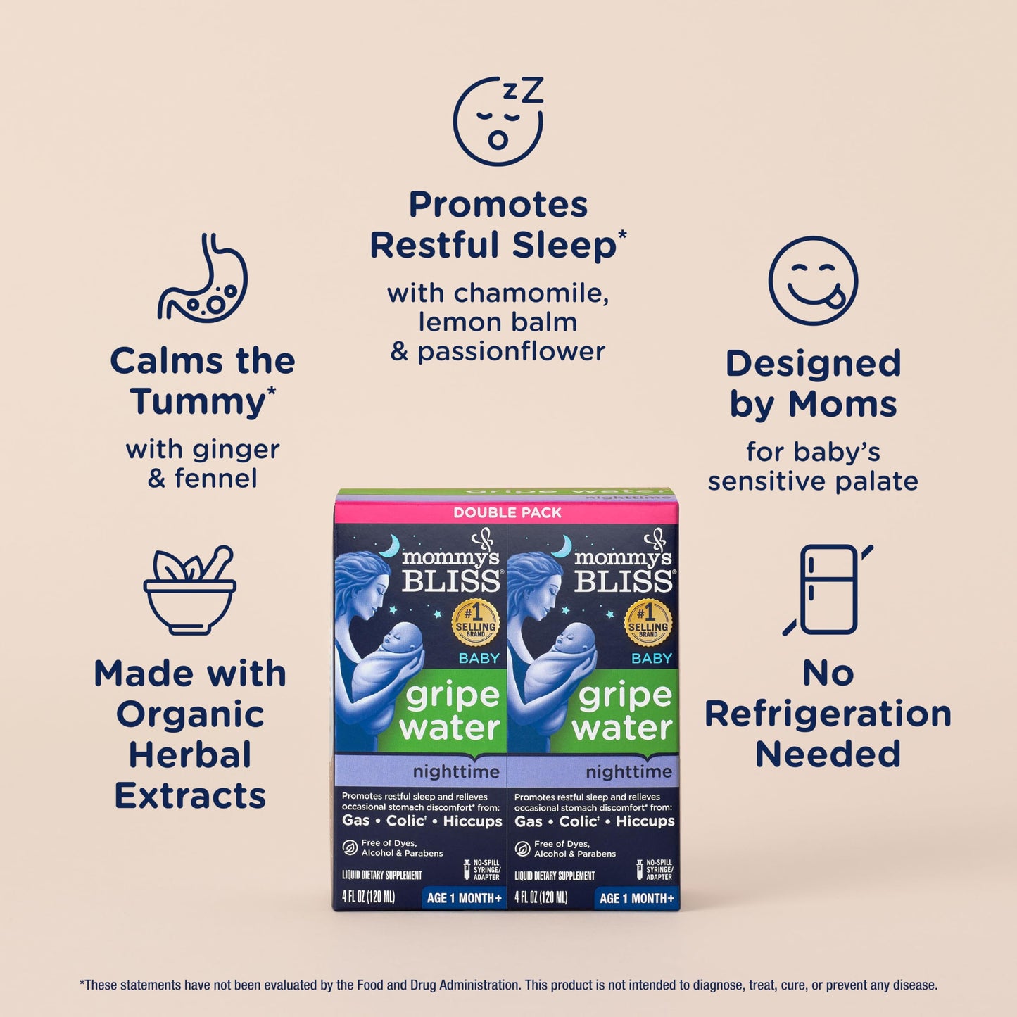 Mommy'S Bliss Gripe Water Night Time, Relieves Stomach Discomfort From Gas, Colic, Fussiness, & Hiccups, Gentle & Safe, For Infa
