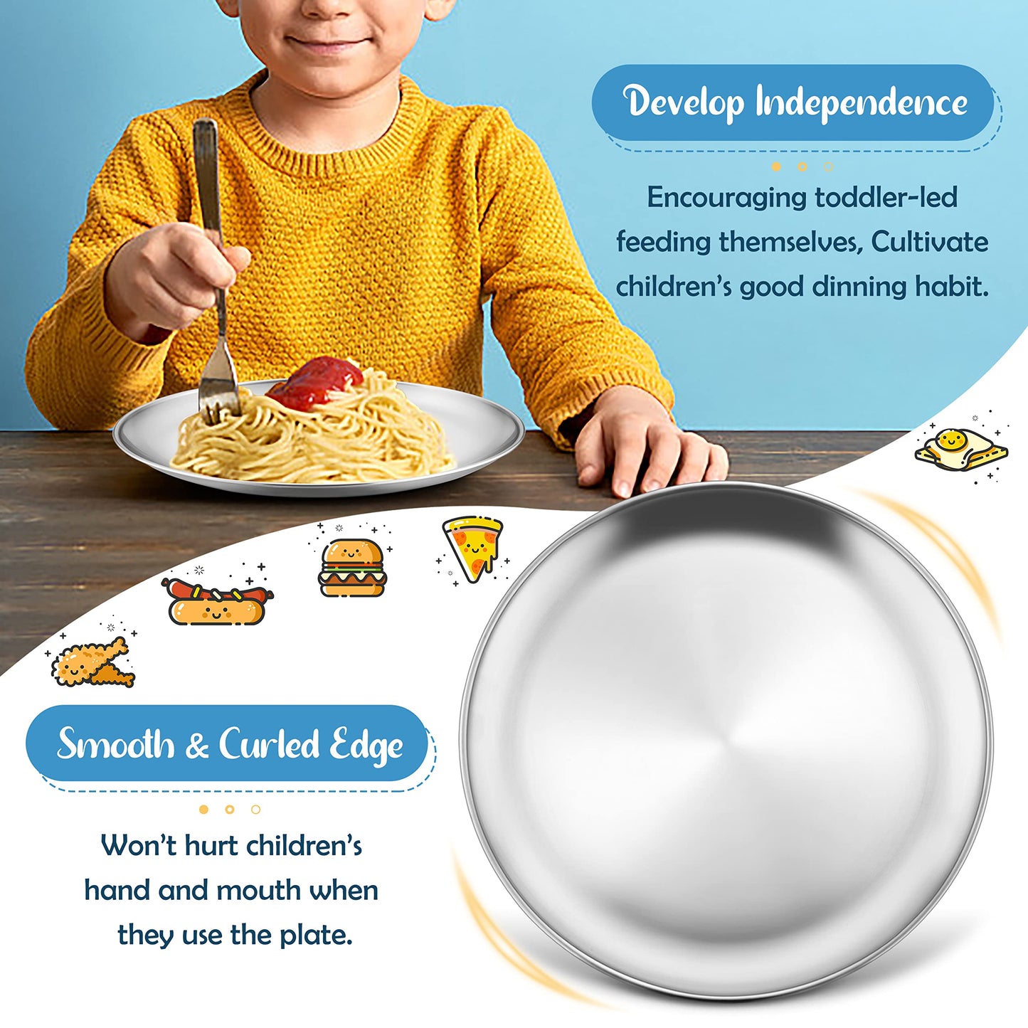 Haware 6-Piece 18/8 Kids Plates, Stainless Steel 304 Dinner Dishes For Toddlers Children, 10 Inches Feeding Serving Camping Meta