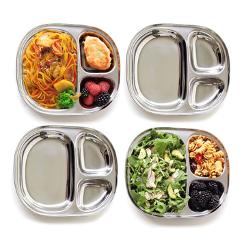 Stainless Steel Kids Plates With 3 Compartment, Toddlers Divided Dinner Plates, Breakfast Lunch Baby Dishes, Microwave & Dishwas
