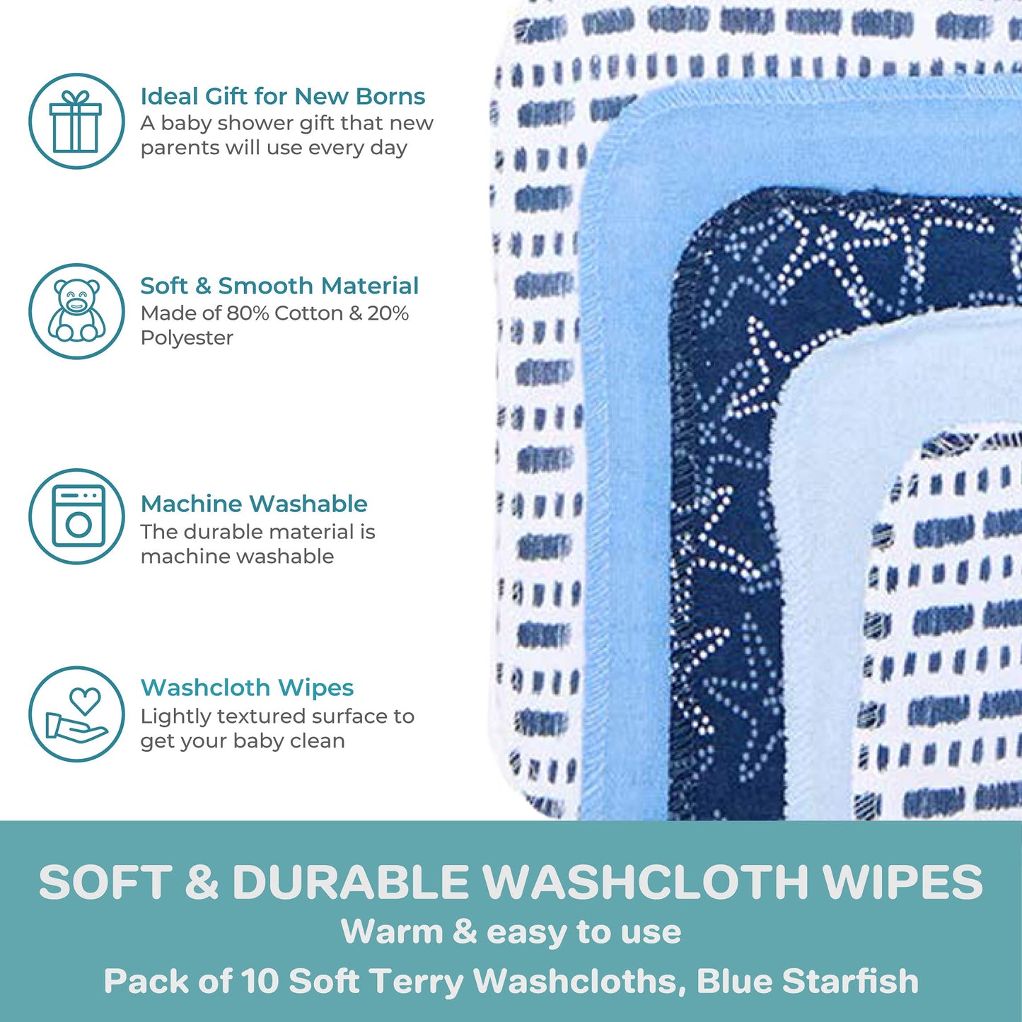 Spasilk Washcloth Wipes Set For Newborn Boys And Girls, Soft Terry Washcloth Set, Pack Of 10, Blue Starfish