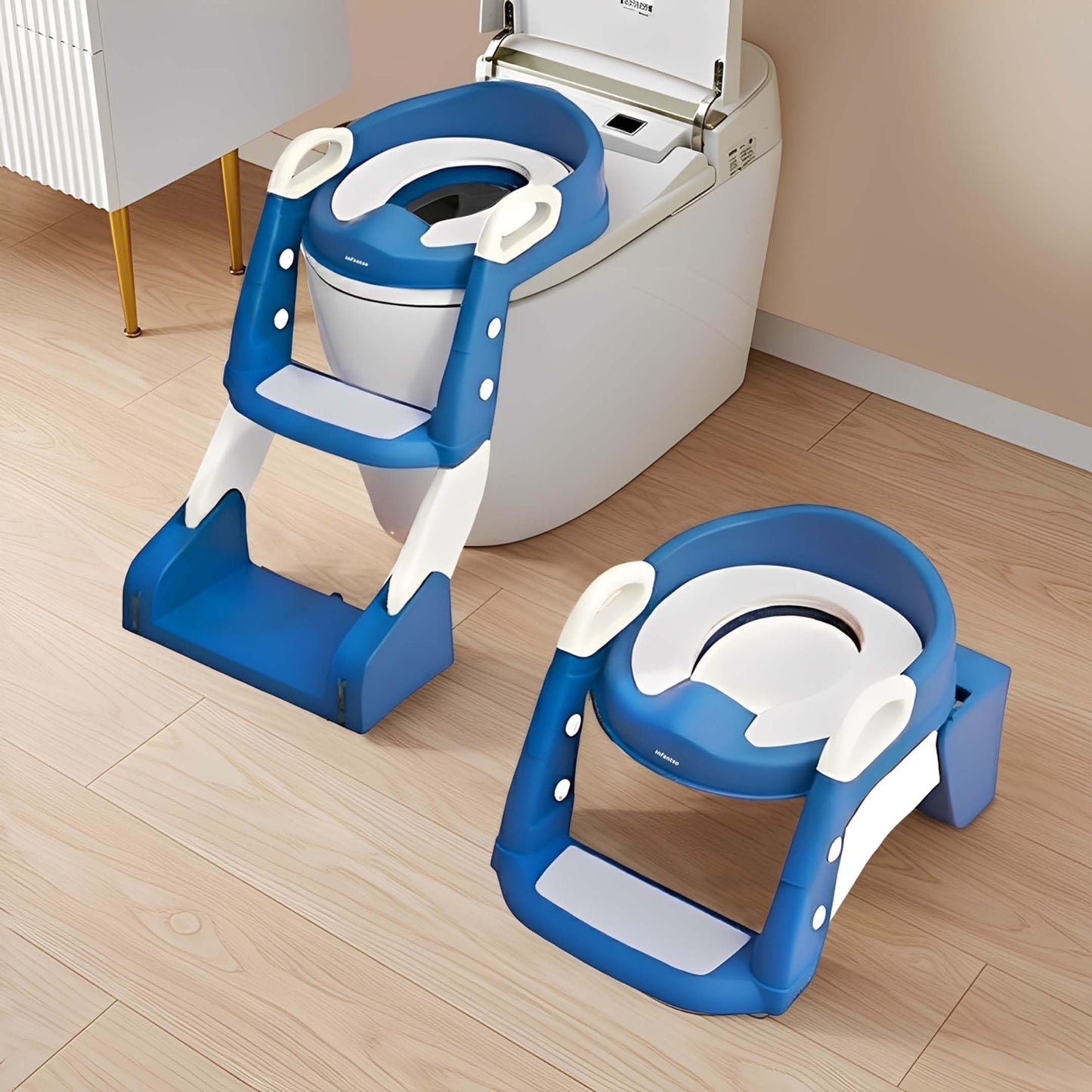 Infantso Nora (3In1) Baby Potty Ladder Seat For Kids 15 Years|Foldable With Height Adjustment & Pu Cushion, Fits All Western 