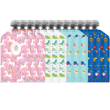 Buzio Reusable Food Pouches, 12 Packs 5Oz Toddlers Food Storage Pouch, Double Zipper Squeeze Pouches Freezer Safe For Kids Diy H